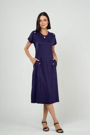 Vestido Midi com Bolsos e Detalhe com Botões em Viscolycra Maquinetado