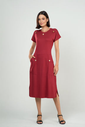 Vestido Midi com Bolsos e Detalhe com Botões em Viscolycra Maquinetado