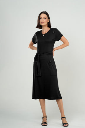 Vestido Midi com Bolsos e Detalhe com Botões em Viscolycra Maquinetado