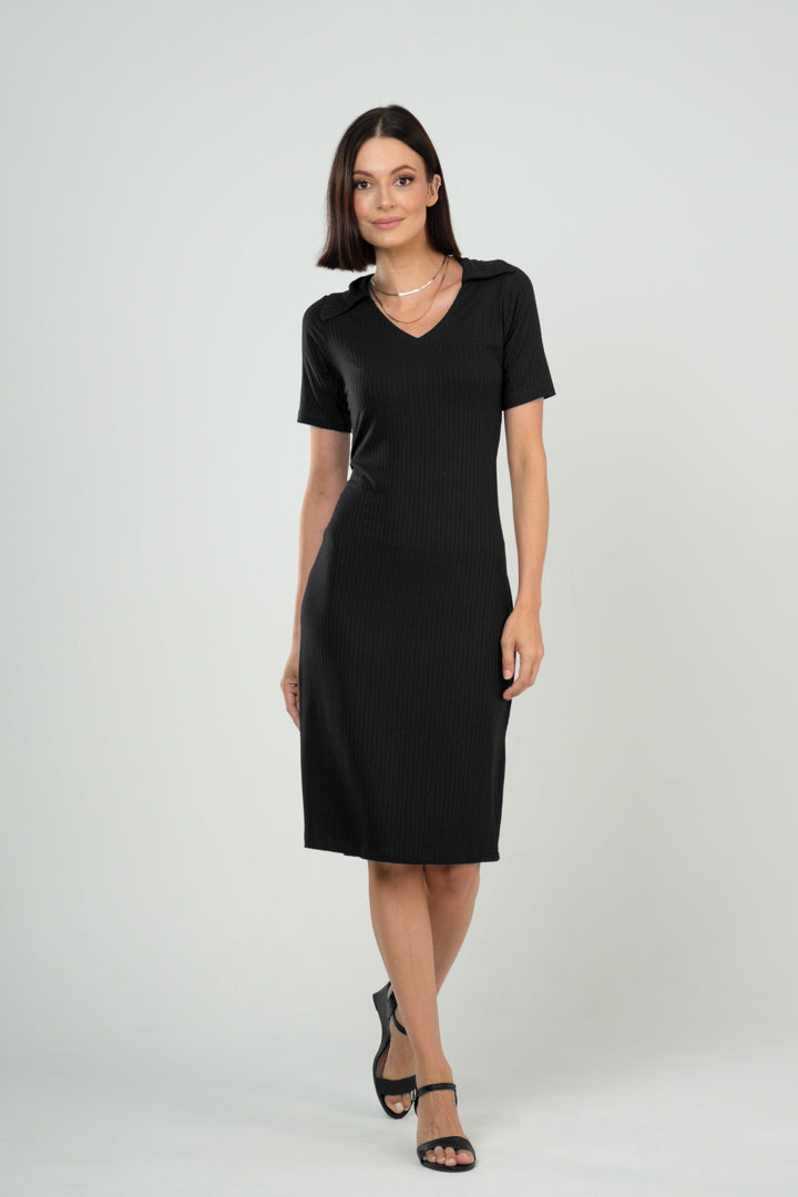 Vestido Midi com Gola Polo em Viscose Canelado
