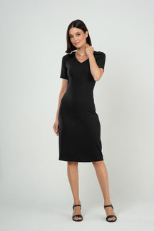 Vestido Midi com Gola Polo em Viscose Canelado