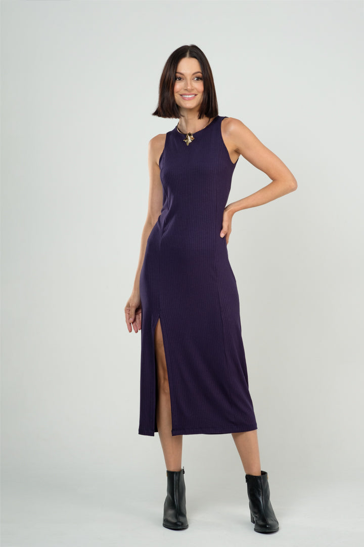 Vestido Midi com Fenda Lateral em Viscose Canelado