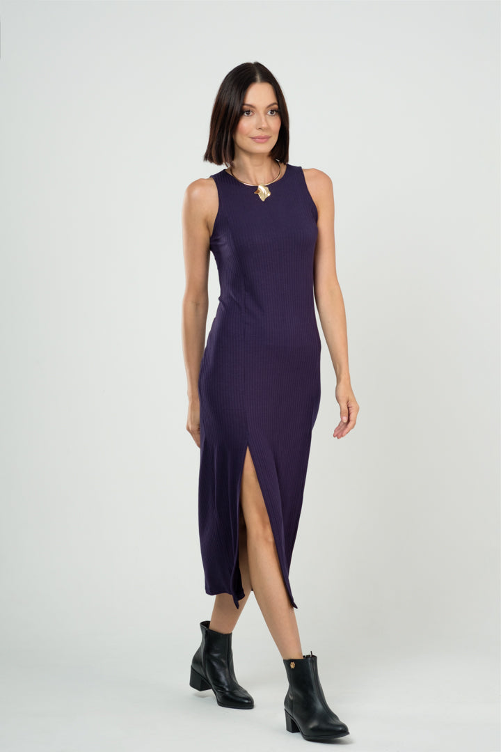 Vestido Midi com Fenda Lateral em Viscose Canelado