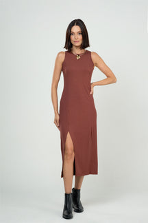 Vestido Midi com Fenda Lateral em Viscose Canelado