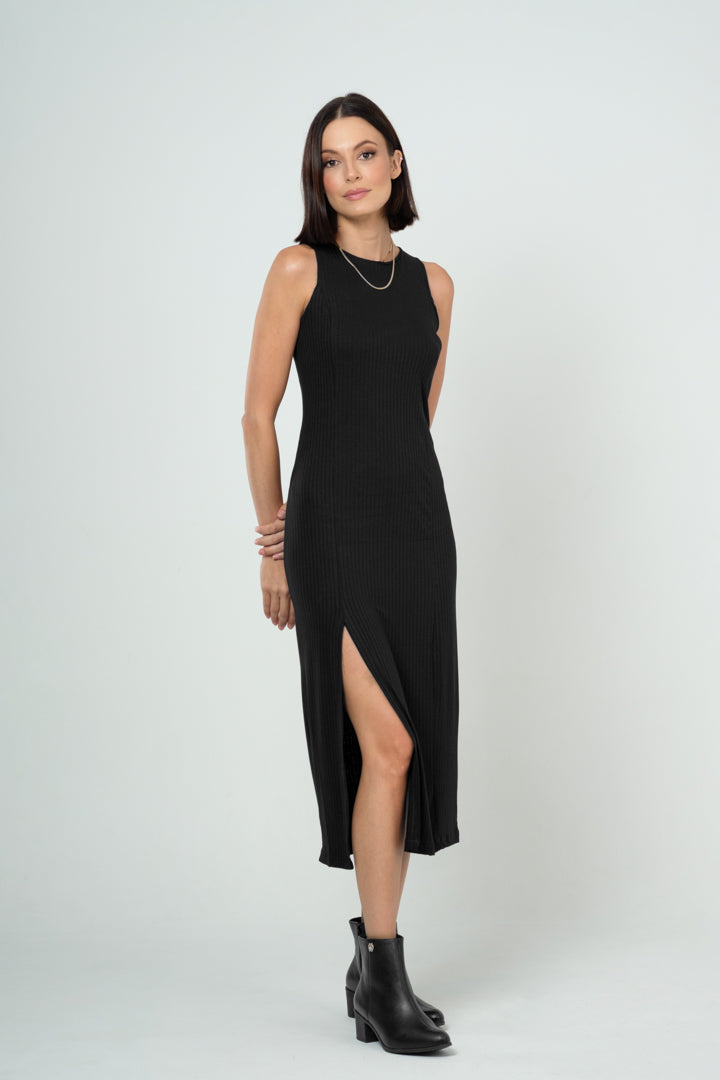 Vestido Midi com Fenda Lateral em Viscose Canelado