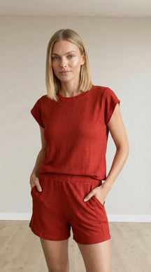 Conjunto Feminino Perondy Blusa e Shorts com Bolso Frontal em Viscolycra Maquinetado