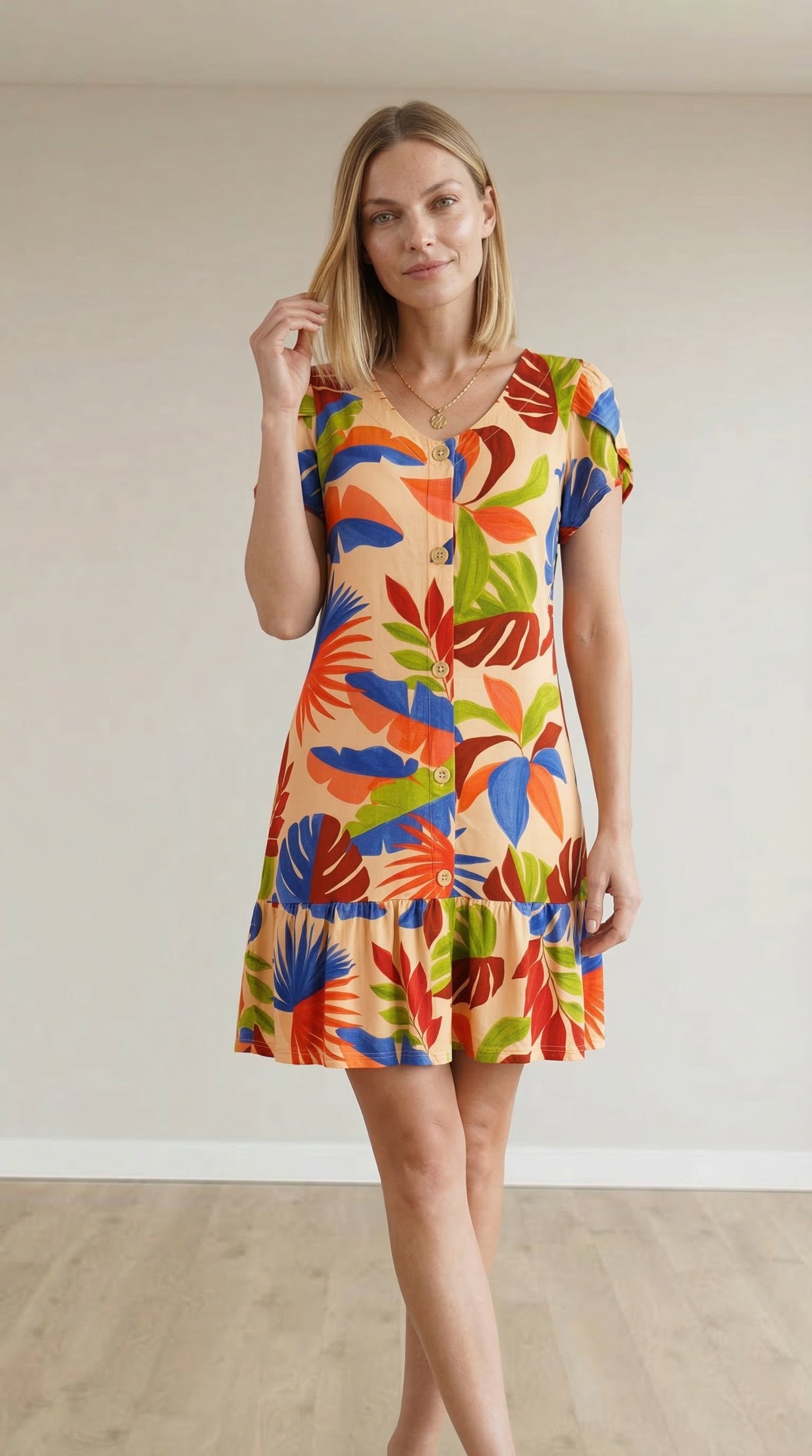 Vestido Curto com Babado e Detalhe Frontal com Botões em Viscolycra e Estampa Digital