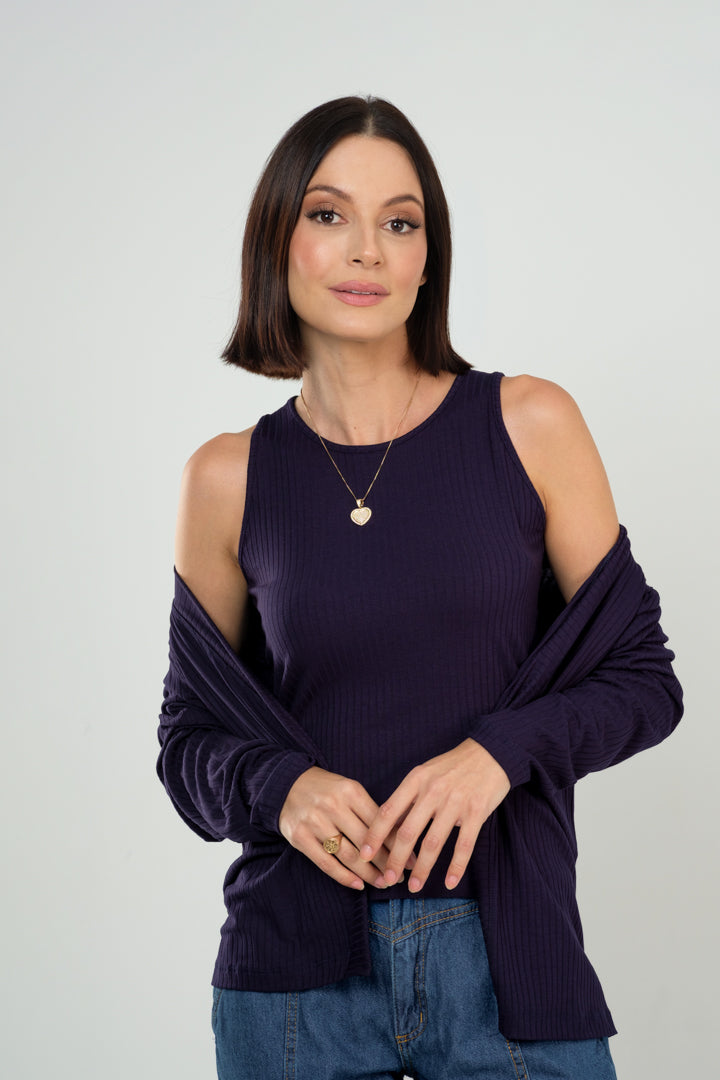 Conjunto Cardigan com Regata em Viscose Canelado