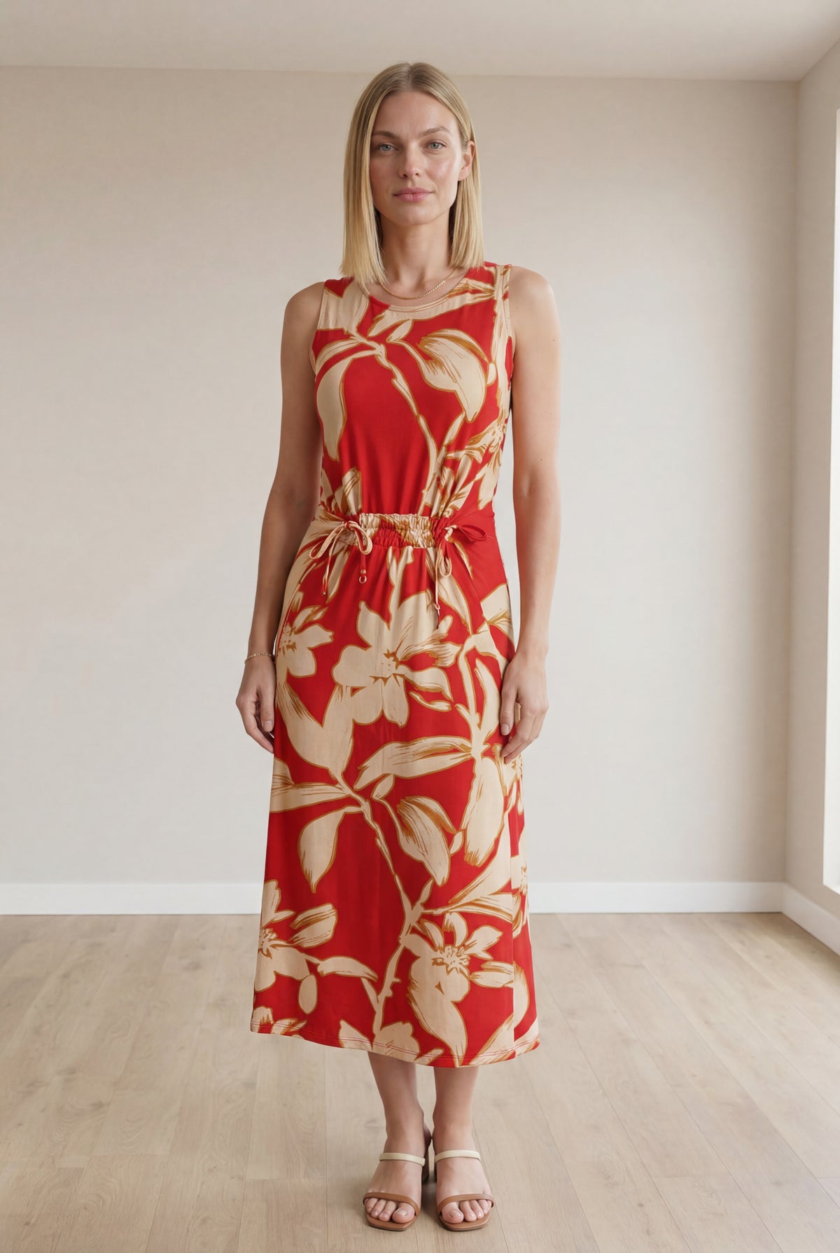 Vestido Longo Estampado com Detalhe de Amarração Frontal em Viscolycra e Estampa Digital