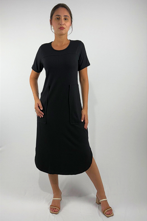Vestido Midi com Bolsos e Fenda Lateral em Viscose Canelado