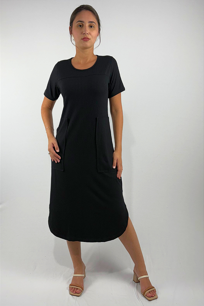Vestido Midi com Bolsos e Fenda Lateral em Viscose Canelado