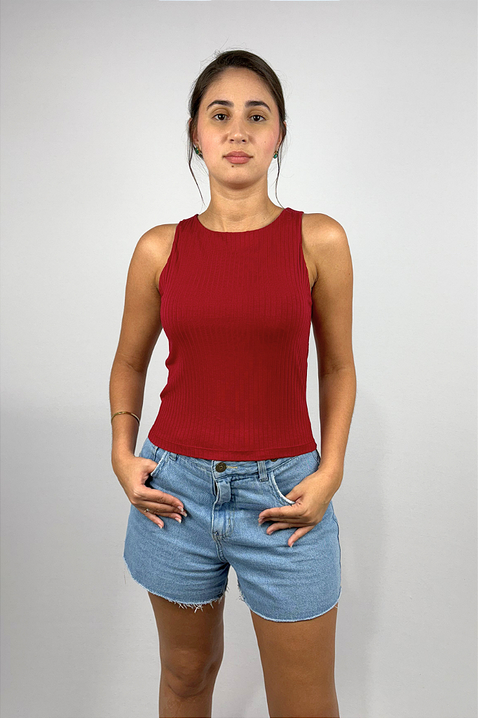 Regata Feminina com Cropped Duplo em Viscose Canelado