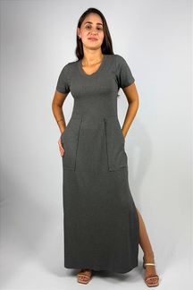 Vestido Longo com Bolso e Fenda Lateral em Viscose Canelado