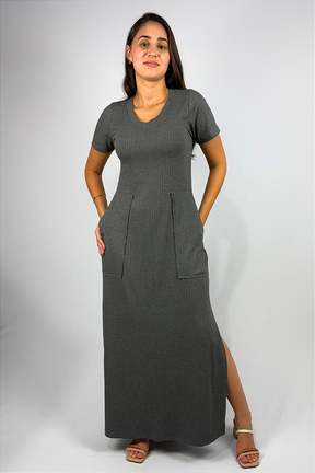 Vestido Longo com Bolso e Fenda Lateral em Viscose Canelado