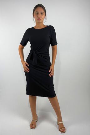 Vestido Midi com Detalhe de Amarração Frontal em Viscose Canelado