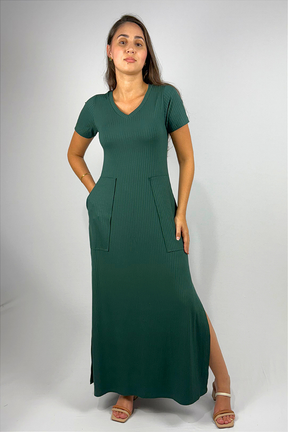 Vestido Longo com Bolso e Fenda Lateral em Viscose Canelado