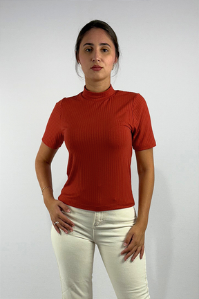 Blusa Feminina Manga Curta e Gola Alta em Viscose Canelado