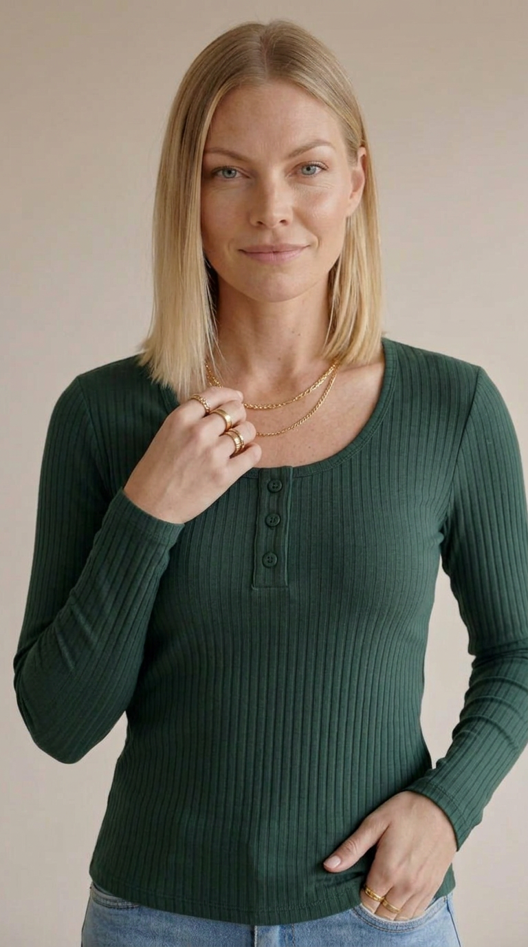 Blusa Manga Comprida com Detalhes de Botões em Viscose Canelado